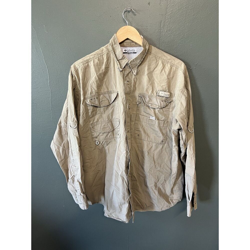 Columbia PFG Mens Y2K Beige Long Sleeve Outdoor Button Up Shirt Size Large